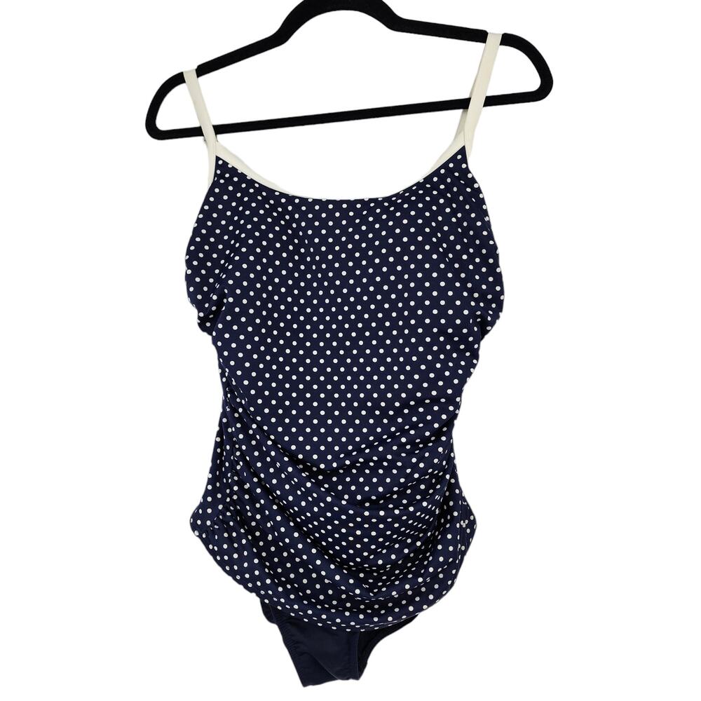 Miraclesuit Breezy Blouson One Piece Swimsuit Blue/White Polka Dot Size 10